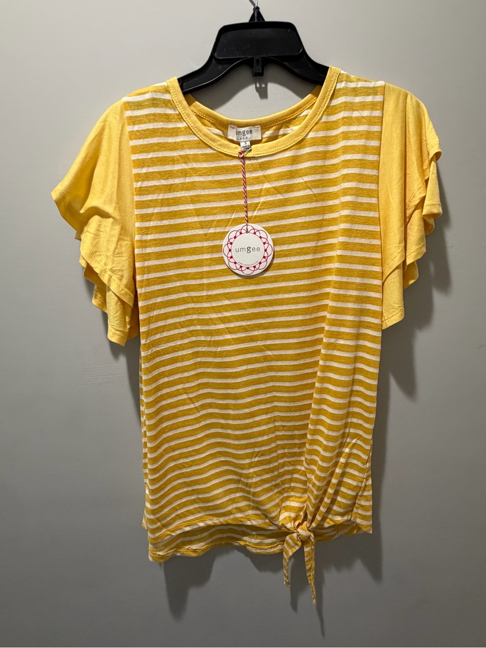 Umgee Yellow and White Striped Tie-Hem Flutter Sleeve Top
